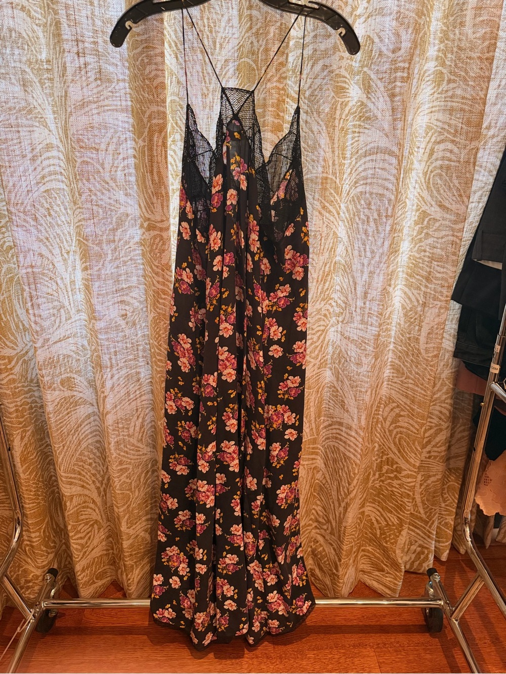 Floral Lace-Trim Black Maxi Slip Dress - Pink Floral - Picture 2 of 3